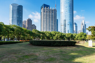 Fototapeta premium city park with modern building background in shanghai