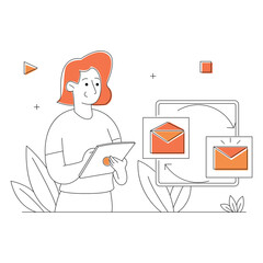 Woman Interacting With Digital Interface For Online Shopping And Communication Featuring Mail Icons And Plant Elements