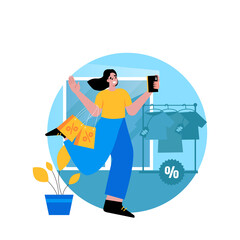 Woman Joyfully Shopping Outdoors With Bags and Phone Blue Background Retail Environment with Clothes Rack and Percentage Sign