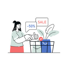 Woman Gives Thumbs Up Next To Shopping Basket With Sale Sign And Fifty Percent Discount In Flat Design Style