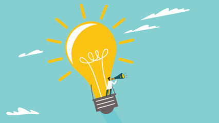looking for business opportunities with knowledge, creative idea to see business opportunity, businesswoman riding a light bulb-shaped hot air balloon to observe business opportunities

