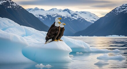 Bald Eagles Perched on Iceberg in Alaskas Glacial Waters.