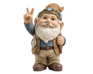 Smiling gnome statue with white beard, blue eyes, flower crown, denim shirt, brown vest, and peace sign gesture, cheerful fantasy garden decor element isolated on white