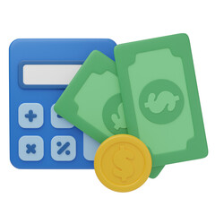 3D illustration of a blue calculator with green dollar bills and a gold coin. The image symbolizes finance, accounting, budgeting, and money management in a modern cartoon style.
