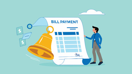 bill payment, shopping costs or credit card payments, financial service to pay for transaction, bill payment reminder concept, businessman with bill payment paper and notification bell

