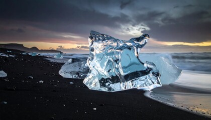 Icelandic Glacier Ice on Black Sand Beach.