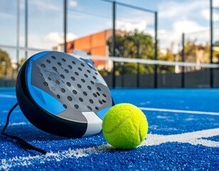 A vibrant padel racket and ball rest on a vibrant blue court, bathed in natural light.