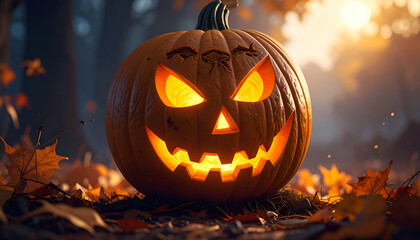 Spooky Halloween Jack-o-Lantern Glowing in a Dark Autumn Forest.