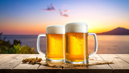 Two refreshing mugs of golden beer with foamy heads on a rustic wooden table with a beautiful sunset beach background.