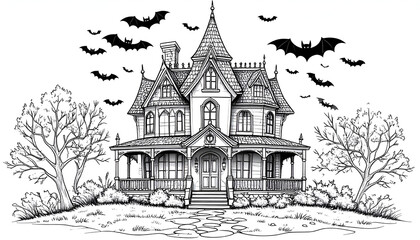 Spooky Haunted House with Bats Halloween Illustration.