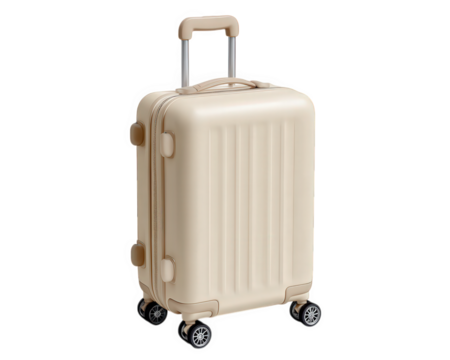 Beige hard shell suitcase with four wheels, telescopic handle, and vertical ridges, perfect for travel and vacation, modern and practical luggage design