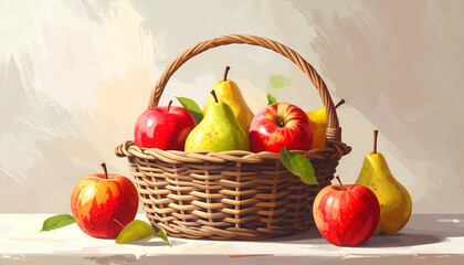 Still Life Basket of Ripe Apples and Pears on a Table.