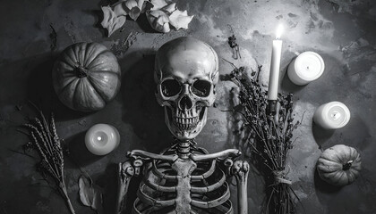 Spooky Halloween Skeleton with Candles and Pumpkins in Black and White.