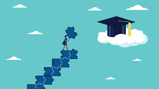 high education, success step to achieve higher education, cost to graduate high degree education, the way to achieve high education, people making ladder from puzzle going to graduation cap

