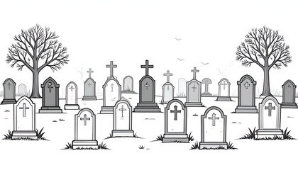 Hand drawn spooky cemetery landscape with tombstones and bare trees.