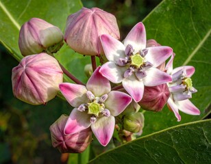 Obraz premium Close-up of a cluster of pink and white flowers with delicate details, showcasing vibrant blossoms and unopened flower buds.