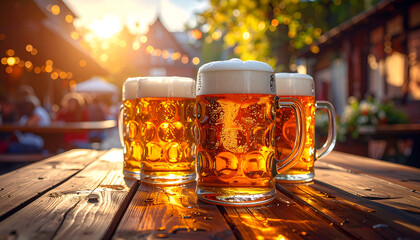 Golden Beer Mugs on Wooden Table in Outdoor Setting.