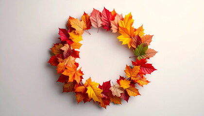 Vibrant Autumn Leaf Wreath on White Surface, Seasonal Decoration.