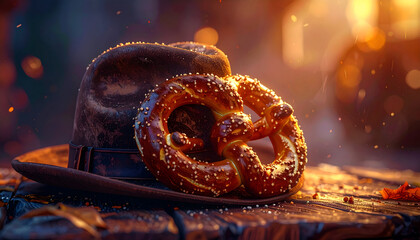 A Delicious Pretzel Resting on a Traditional Hat with a Warm Bokeh Background.