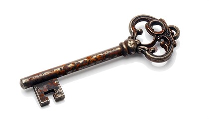 An antique, ornate key, displaying signs of age and rust, rests against a plain white background.
