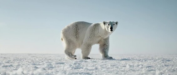 A majestic polar bear traverses a vast, minimalist arctic snowscape. This clean and powerful imagery highlights the beauty and solitude of the arctic and the issue of climate change.