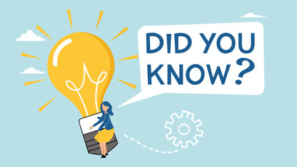 did you know? concept illustration, expert information, explanation or solution, businessman riding a light bulb idea balloon and using a megaphone with a speech bubble that says did you know?

