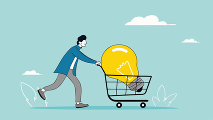 tutoring or skills development, buy online courses or take training to improve skills, businessman buys light bulb idea puts it in shopping cart concept vector illustration

