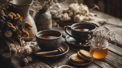 Rustic Tea Setup with Honey and Biscuits