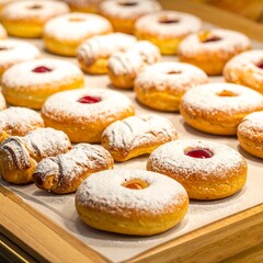 A display of various pastries, including glazed donuts and other sweet treats, sits on a wooden surface, showcasing a delicious array of baked goods.