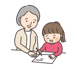 優しく孫に勉強を教えるおばあさん