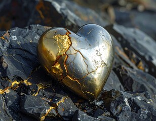 A metallic heart, fractured and golden, rests on dark, rugged rocks, evoking a sense of vulnerability and resilience.