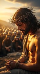 Jesus Christ Praying with Crown of Thorns in Deep Contemplation.