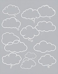 A collection of various cartoon-style thought and speech bubbles, displayed against a neutral backdrop.