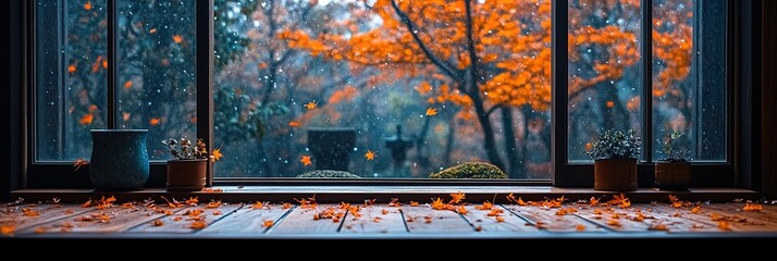 The view outside the window of falling leaves