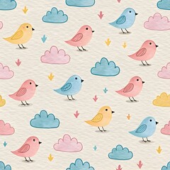 Obraz premium Pastel Birds & Clouds Motif on Textured Paper. Tiny pastel birds and clouds repeating over soft textured paper—delicate whimsical pattern.