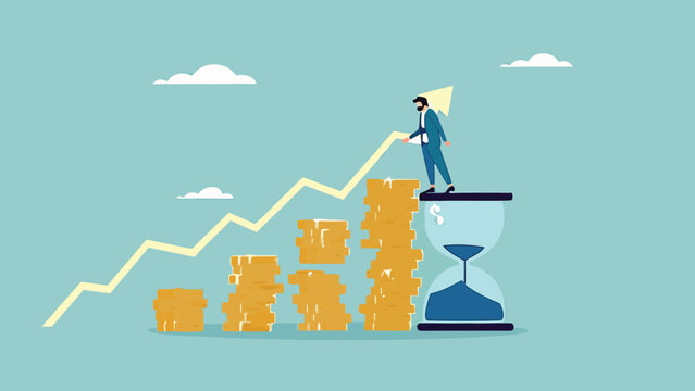 long term investment concept, Growth Earning From Compound Interest In Long Term Investing, businessman makes financial growth graph by stacking gold coins on top of hourglass vector illustration

