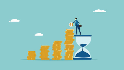 long term investment concept, Growth Earning From Compound Interest In Long Term Investing, businessman makes financial growth graph by stacking gold coins on top of hourglass vector illustration

