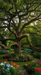 Enchanting Garden Scene with Ancient Tree and Vibrant Flowers.