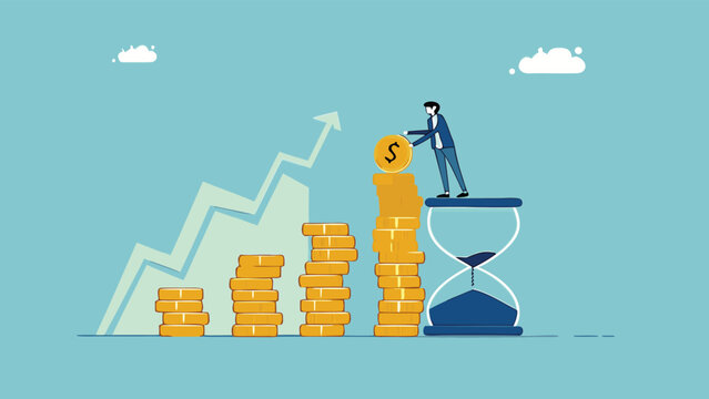 long term investment concept, Growth Earning From Compound Interest In Long Term Investing, businessman makes financial growth graph by stacking gold coins on top of hourglass vector illustration

