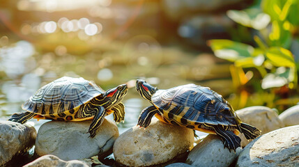 Naklejka premium Two redeared slider turtles interacting on rocks near water