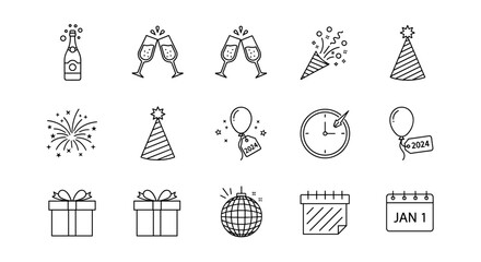 New Year's Eve party line icon set. Happy New Year celebration outline symbols collection. Vector icons of champagne, fireworks, clock, calendar, gifts for holiday graphic design.