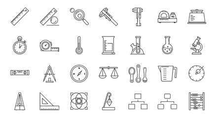 Measurement and science thin line icon set. Vector symbols for education, lab research in physics, chemistry. Precision instrument and equipment collection for measuring.