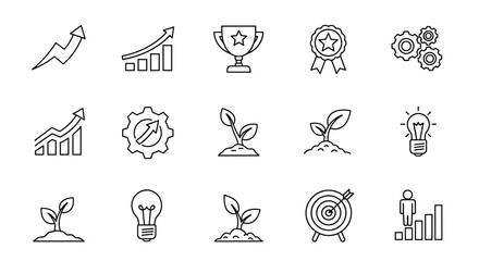 Business growth and success icon set. Vector line icons for development, startup, achievement, and performance. Includes trophy, award, idea lightbulb, target, and chart.