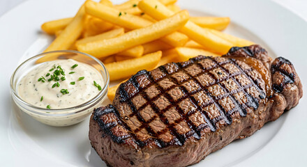 Grilled Steak with French Fries and Creamy Dip on Plate
