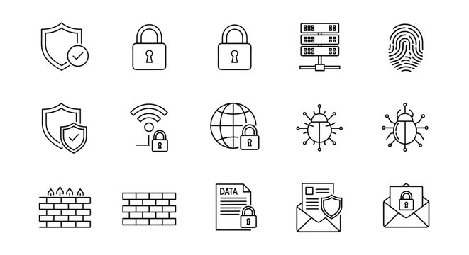 Cyber security line icon collection. Data protection, internet privacy, network defense, virus scan, malware detection, firewall, fingerprint biometric access, and server safety.