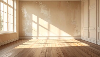 A sunlit empty room with antique-style paneling and worn walls creates a tranquil, vintage atmosphere.