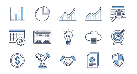 Business line icon set. Data analysis, finance, marketing strategy. Growth chart, success graph, idea lightbulb, security shield, goal, report, cloud data, partnership.