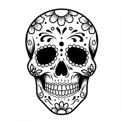 Fototapeta premium The decorated sugar skull, outlined boldly in black, displays many floral patterns and designs, representing a Día de Muertos celebration on plain, white background.