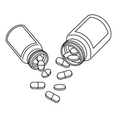 Two sketch style bottles spilling out pills and capsules
