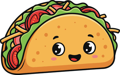  Happy cartoon taco with a friendly face, golden shell, and fresh red and green fillings, 